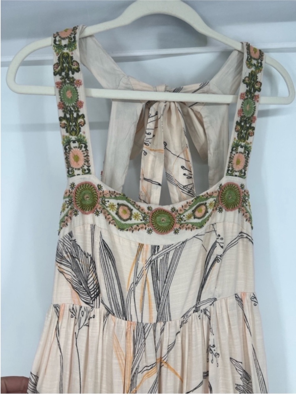 Anthropologie Pink Embroidered Beaded Square Neck Bohemian Tie Back Maxi Dress L - Picture 7 of 13